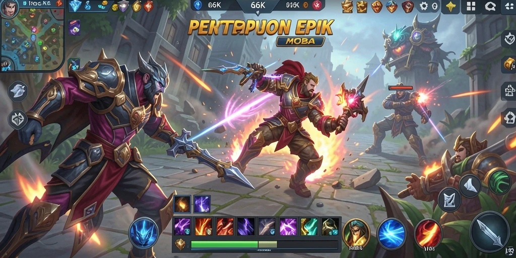 Tangkapan layar utama 66K menampilkan serunya gameplay MOBA.