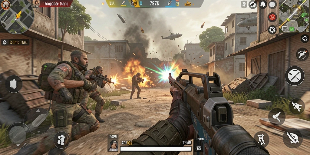 Screenshot utama menunjukkan aksi pertempuran mendebarkan dalam game TPS.