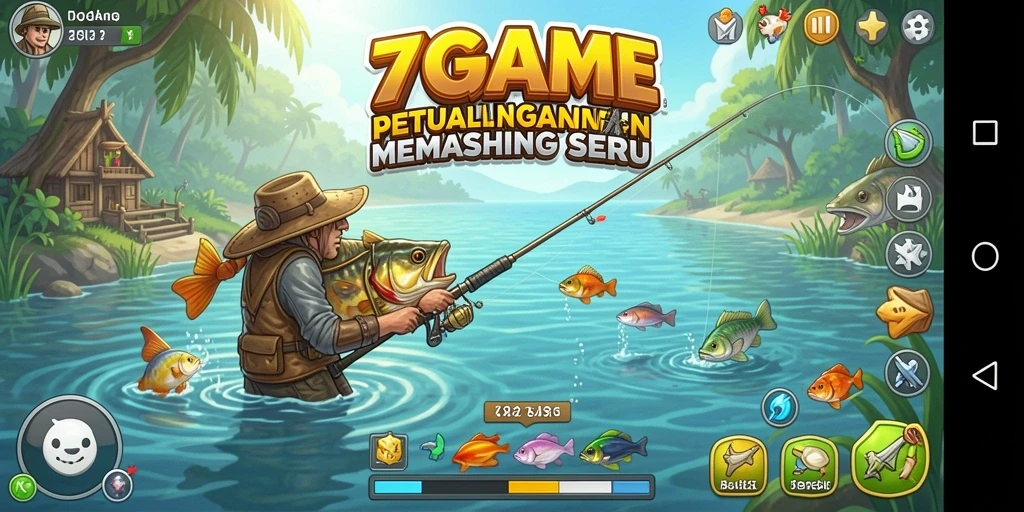 Gameplay seru dalam 7GAME dengan pemandangan memancing yang indah.