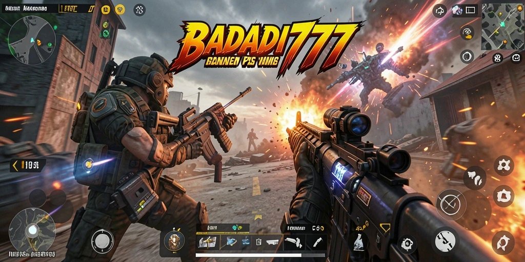 Screenshot menunjukkan gameplay menegangkan dari BADAI777 dengan aksi tembak-menembak.
