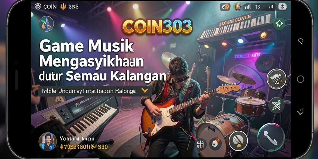 Tampilan gameplay COIN303 dengan berbagai fitur interaktif dan lagu-lagu menarik.