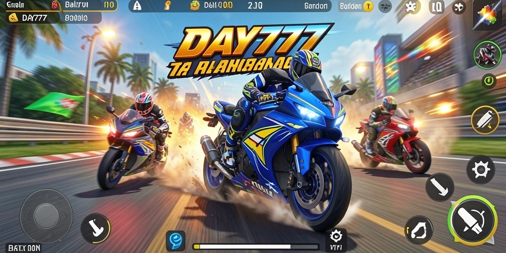 Screenshot gameplay DAY777 menampilkan aksi balapan motor yang seru dan mendebarkan.