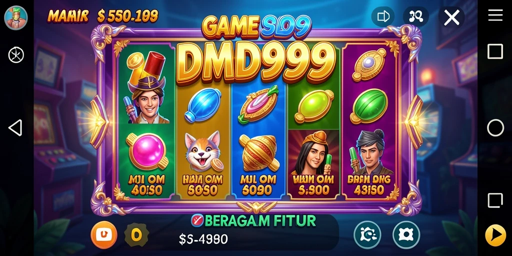 Screenshot DMD999 menampilkan gameplay slot dengan tema berwarna-warni.