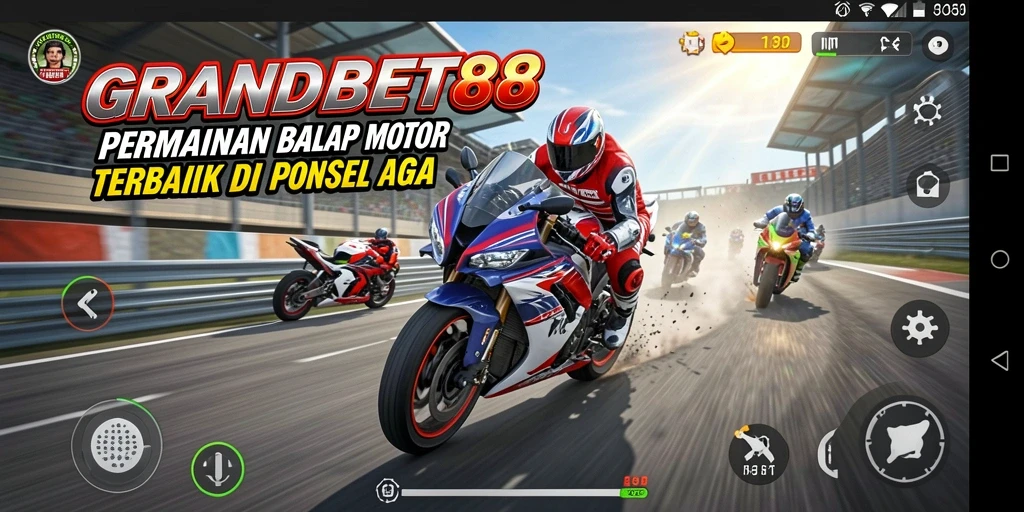Tampilan gameplay yang mendebarkan dari GRANDBET88, menampilkan balapan motor yang intens.