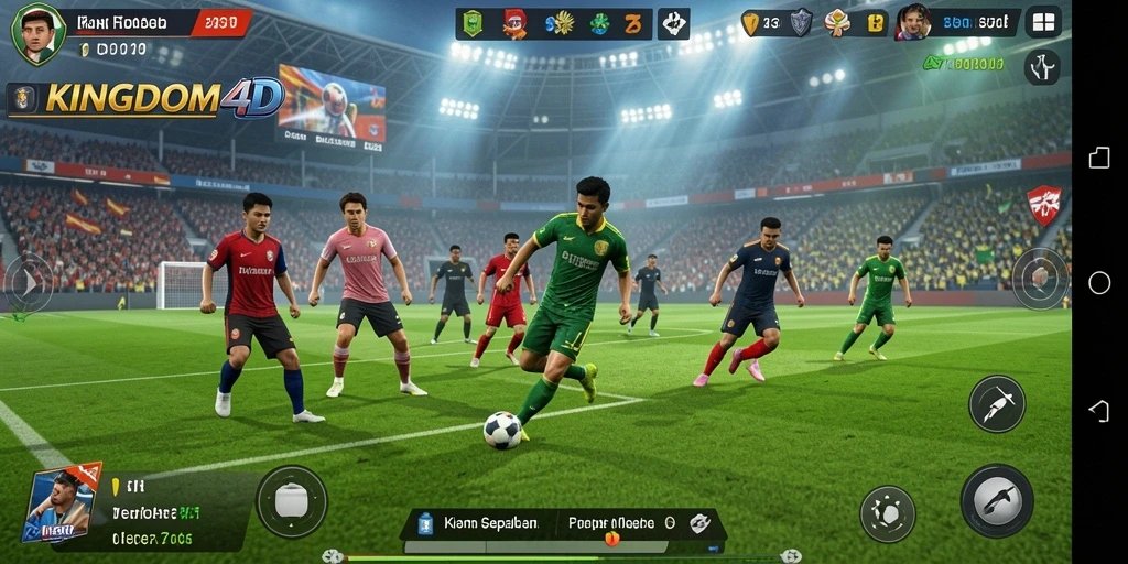 Tampilan layar utama <strong>KINGDOM4D</strong> dengan aksi permainan sepak bola yang seru.