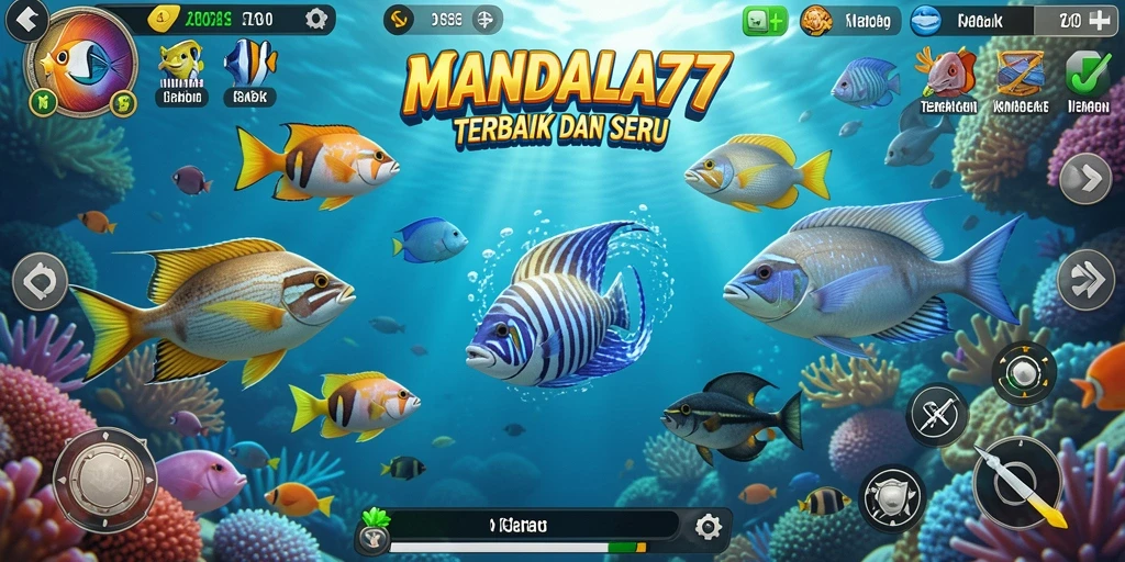 Tampilan gameplay menarik MANDALA77 saat menembak ikan di bawah laut.