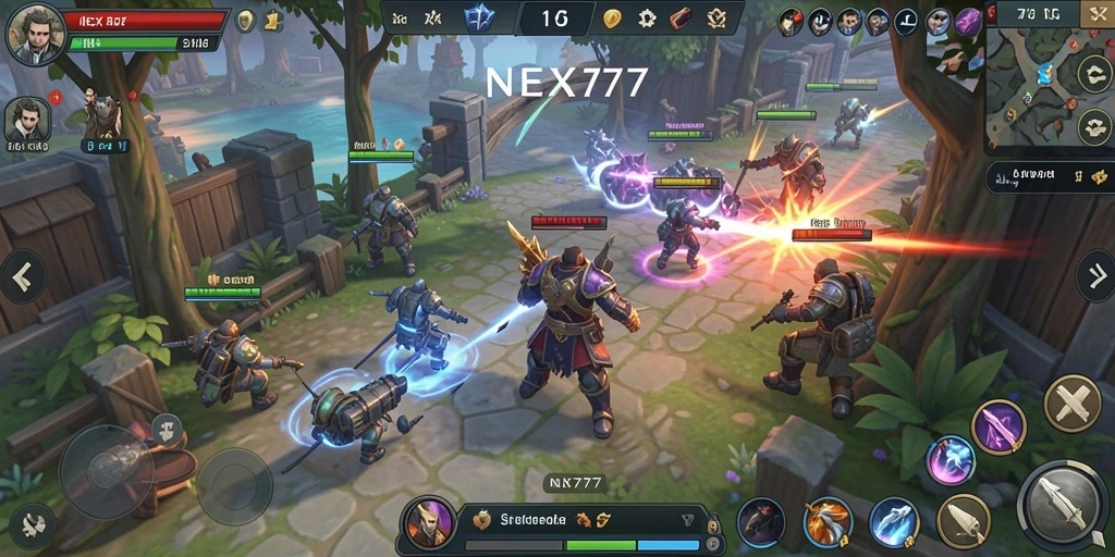 Screenshot gameplay NEX777 menunjukkan pertarungan dan strategi SLG yang mendebarkan.