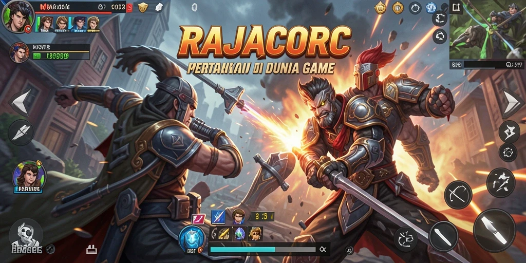 Screenshot utama RAJACORC menampilkan aksi pertarungan epik.