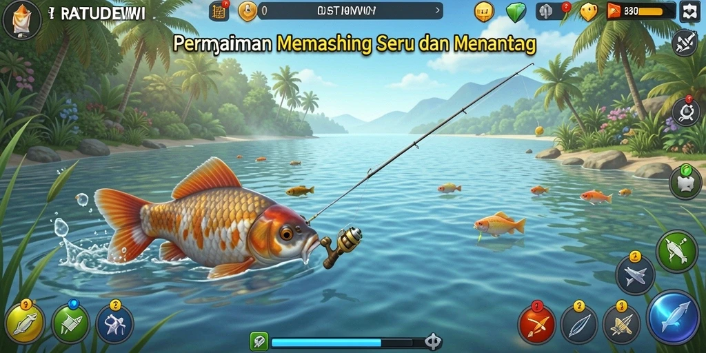 Tangkapan layar gameplay <strong>RATUDEWI</strong> menampilkan aksi memancing yang menegangkan.