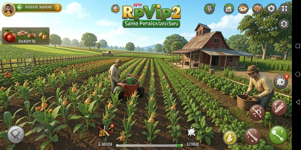 Screenshot gameplay RPVIP2 menampilkan kebun yang hijau dan subur.